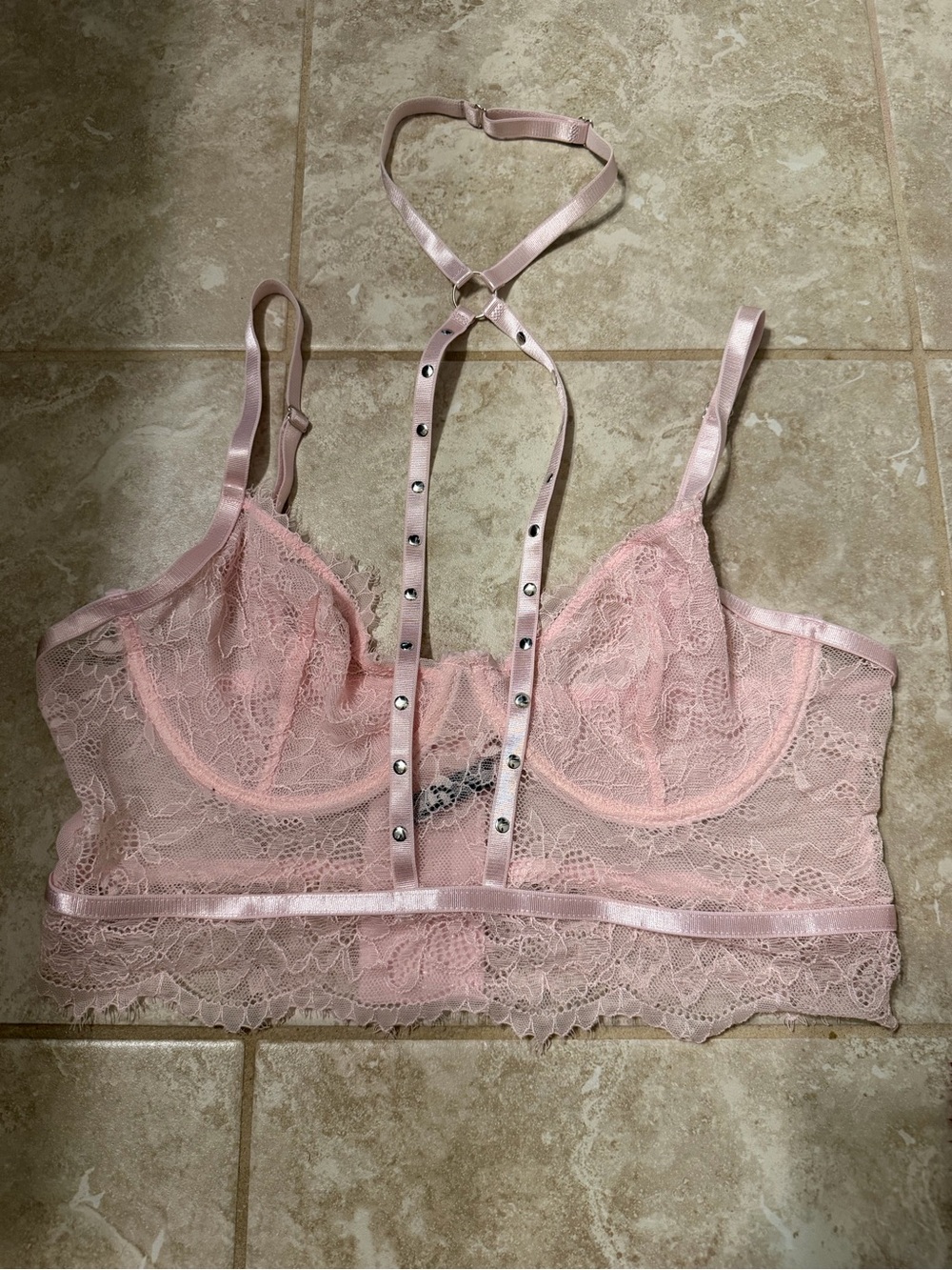 Delicate Pink Lace Bralette with Harness Detail